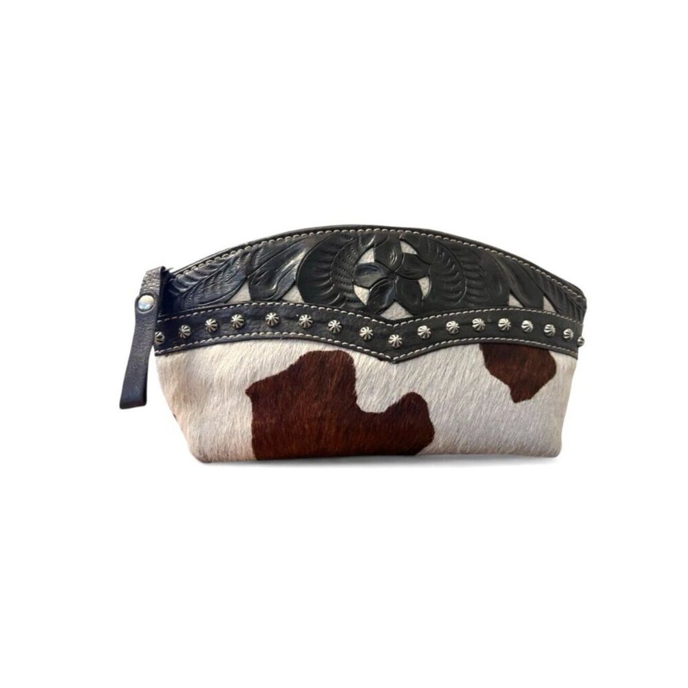 American West Hand Tooled Leather Animal Hair Small Travel Cosmetic Zip Up Bag